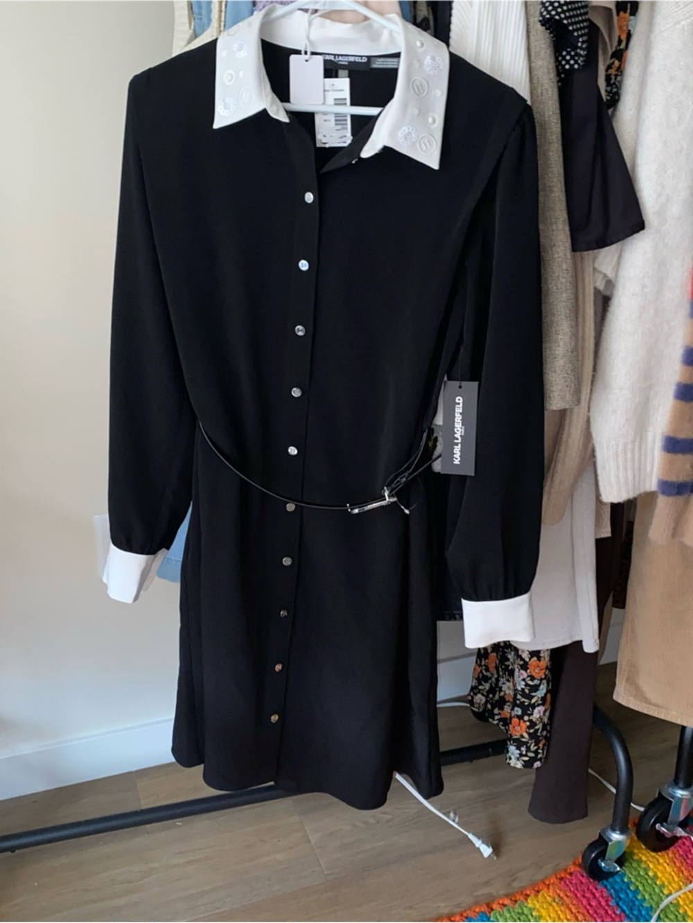 Karl Lagerfeld Black and White Embellished Collar Buttoned Shirt Dress
